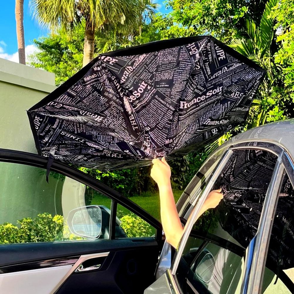 Durable C-Handle Inverted Inside-Out Reverse Opening Umbrella - Newspaper -Black